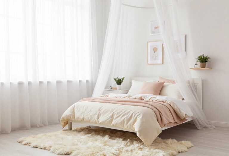 Cozy girls bedroom with blush bedding, canopy, and gallery wall