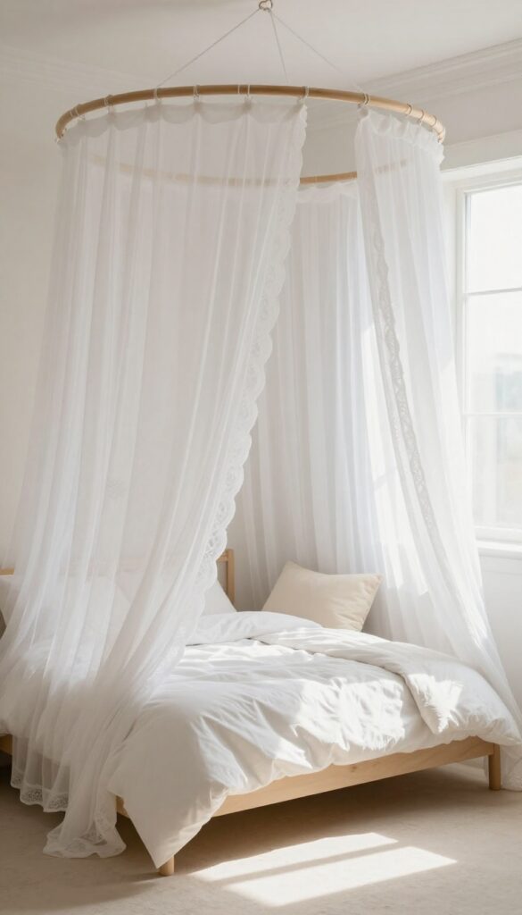 A canopy of soft white lace over a bed in a bright, vintage-style kids bedroom