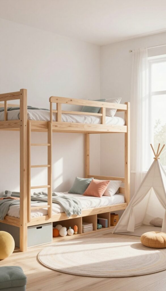 Loft bed with built-in play zone in a small kids' bedroom