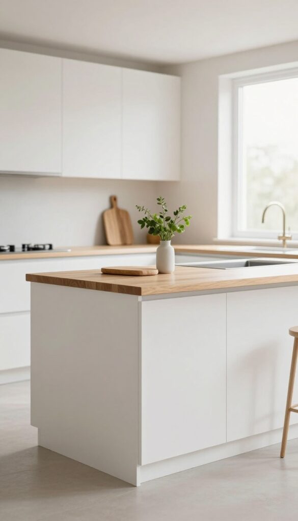Compact rolling island with maple butcher block countertop in a bright modern kitchen