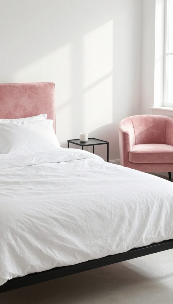 Pink velvet headboard and armchair paired with black metal bed frame and side table in a bright, cozy bedroom