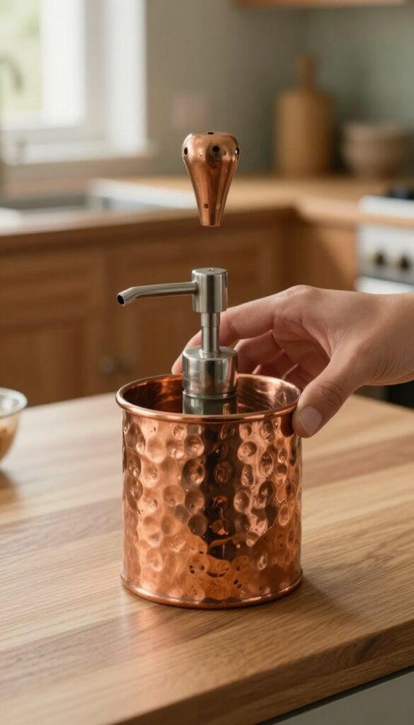 Hammered copper soap dispenser with dark patina on warm wood countertop in cozy kitchen