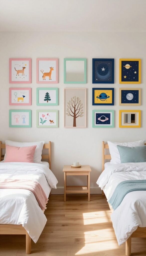 Shared gallery wall with individual art frames in a bright kids' bedroom, each side personalized with different colors and themes.