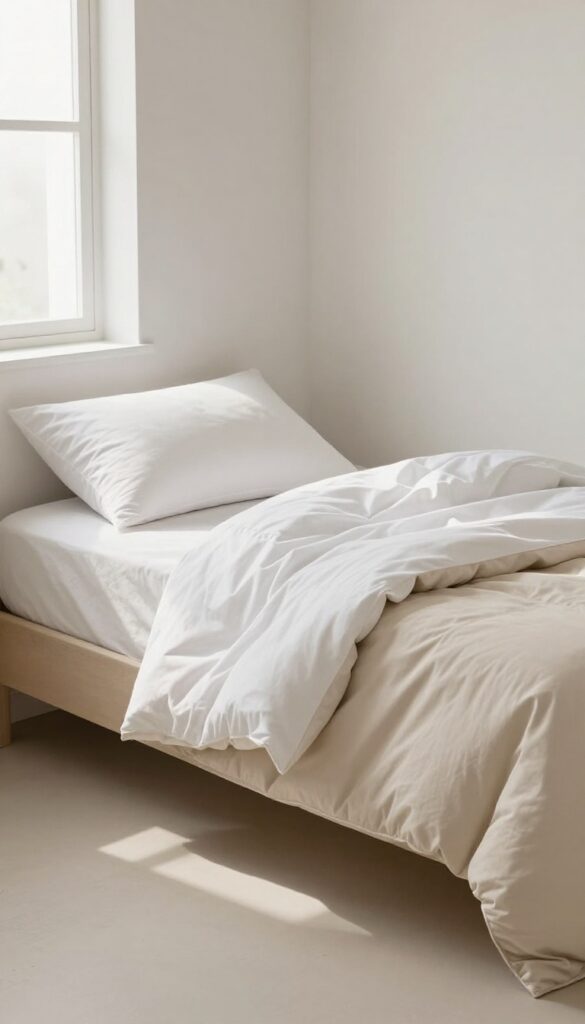 Small bedroom bed with layered quilt and duvet in neutral tones, natural light, clean composition.