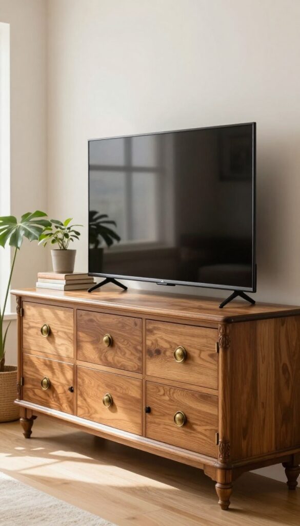 A vintage dresser repurposed as a TV stand in a bright living room, with a TV, lamp, books, and plant on top, warm wood and brass details.
