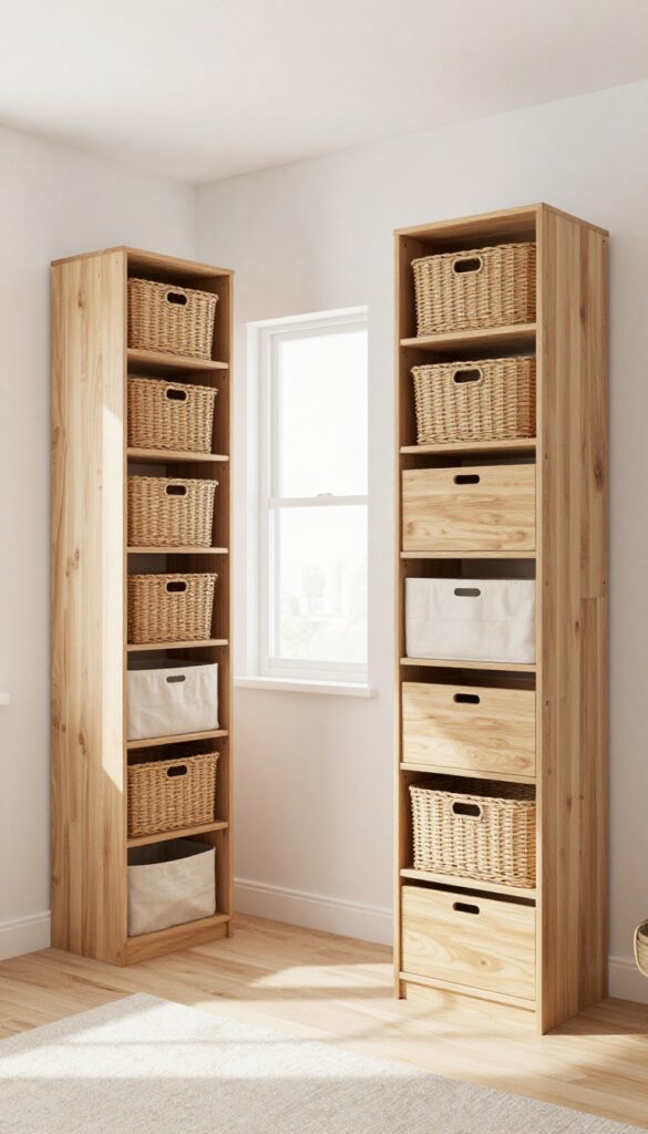 Two vertical storage towers in a cozy kids' bedroom, with woven baskets and wooden drawers, leaving floor space open for play.