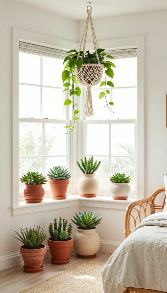 Boho bedroom with hanging macrame planter and potted succulents on windowsill