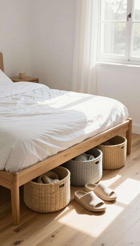 Small bedroom with under-bed storage bins neatly organized beneath a low bed, natural light, clean and spacious feel.