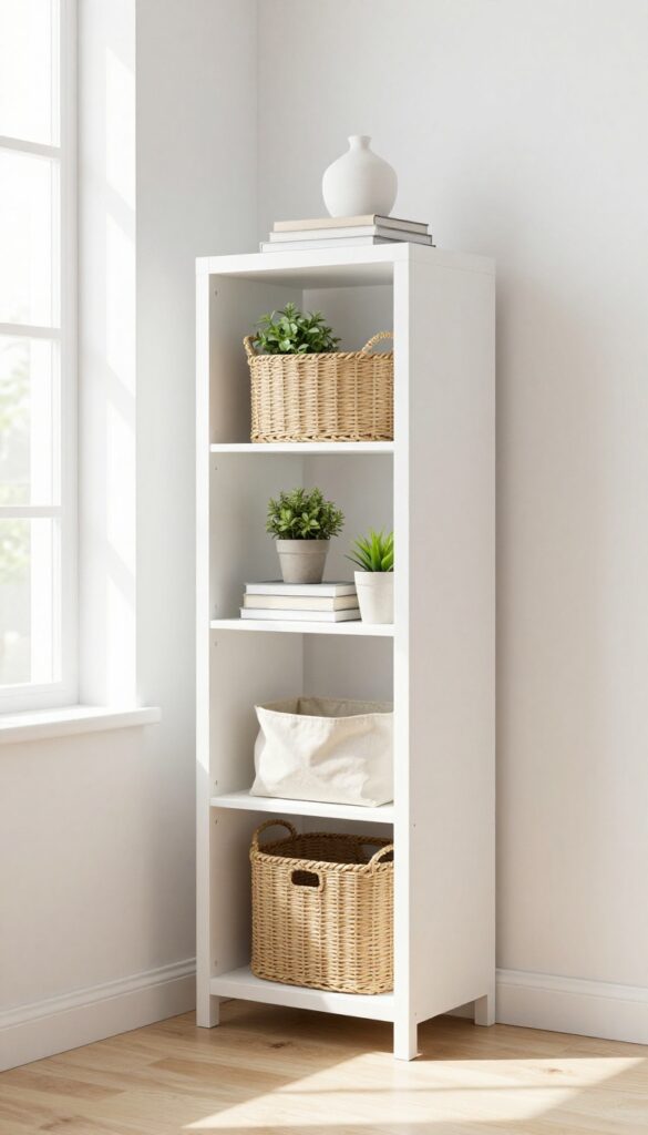 Tall white corner shelf unit with woven baskets and decor, bright natural light, minimalist bedroom.