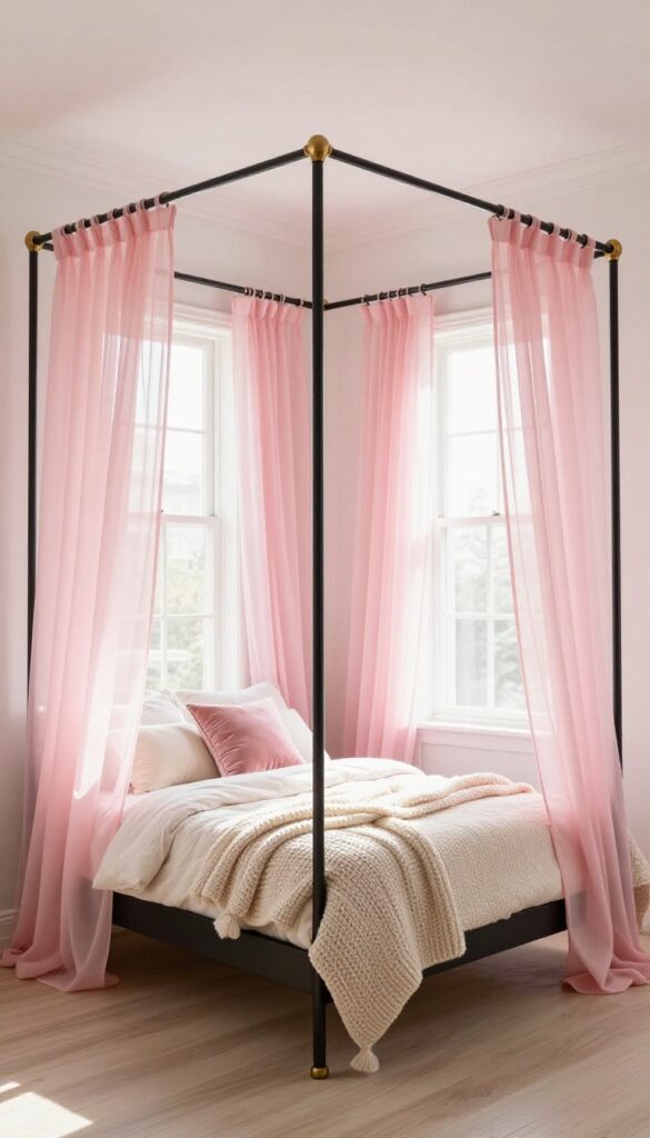 Canopy bed with sheer pink curtains in a bright, airy bedroom with soft lighting and cozy textiles.