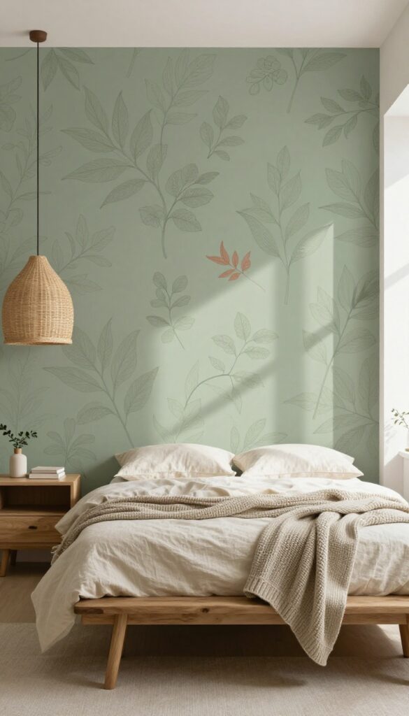 Bedroom with organic leaf motif wallpaper in earthy greens and terracotta, natural textures, and minimalist decor.