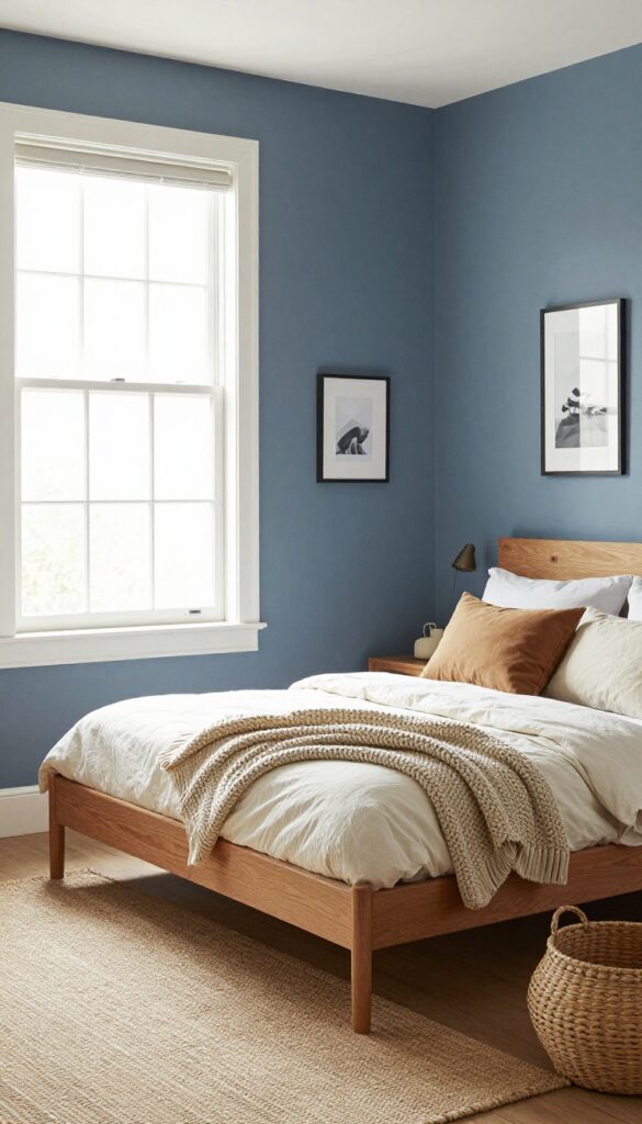 Dusty blue bedroom with warm wood furniture, cream bedding, and natural textures, creating a calm and mature feel for a tween or teen boy.