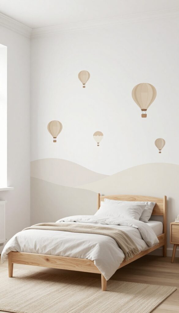 Toddler boy's bedroom with minimal wall decals of hot air balloons over hills, neutral bedding, and natural light.