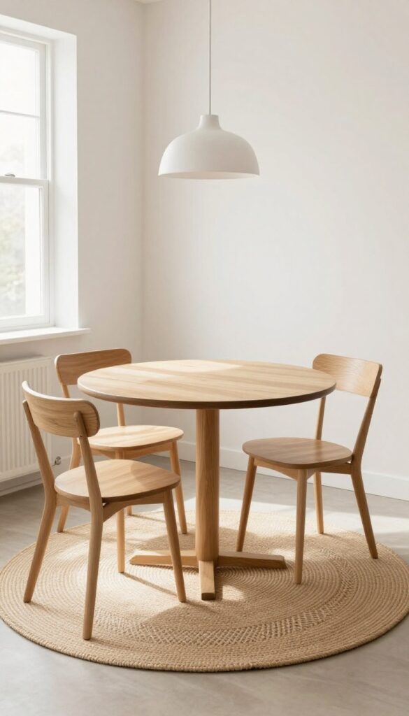 Round mat under a small breakfast table in a bright kitchen nook, defining the eating area with a cozy and intentional look.