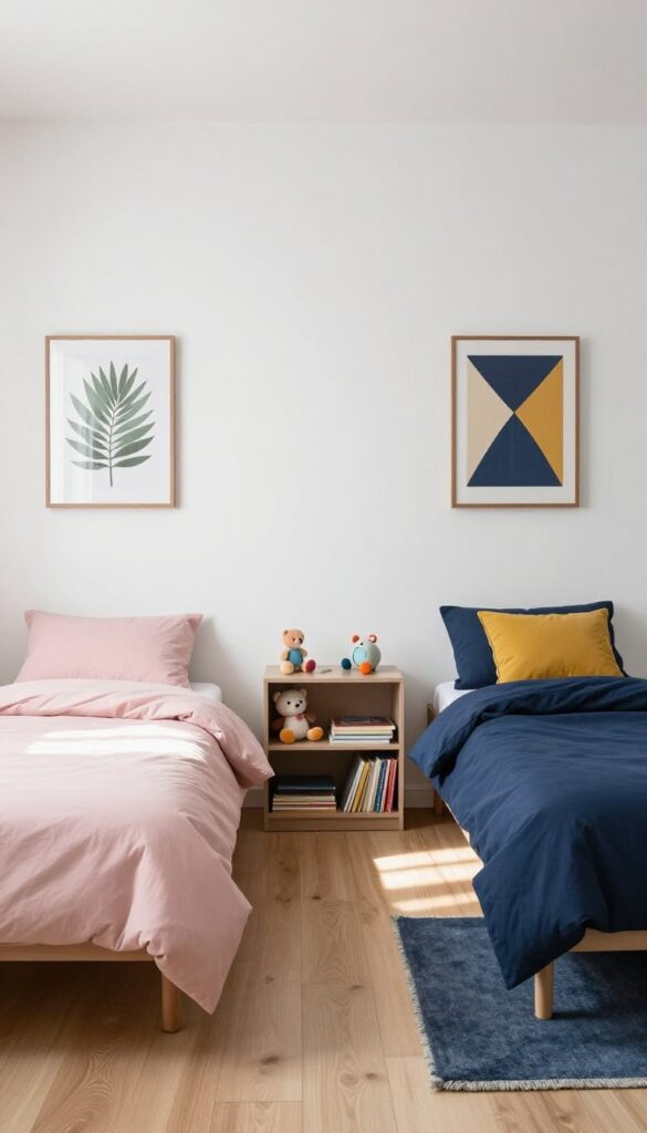 Two twin beds in a shared kids bedroom with color-coded zones: blush and sage on the left, navy and mustard on the right, each with matching rugs and wall art, neutral walls and bookshelf in between.
