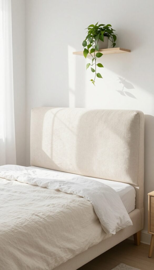 DIY upholstered headboard made from foam mattress topper in a small, bright bedroom with white bedding and a floating shelf.