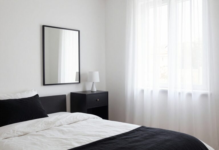 Light and airy black and white bedroom with white bedding, black accent pillows, and a black framed mirror