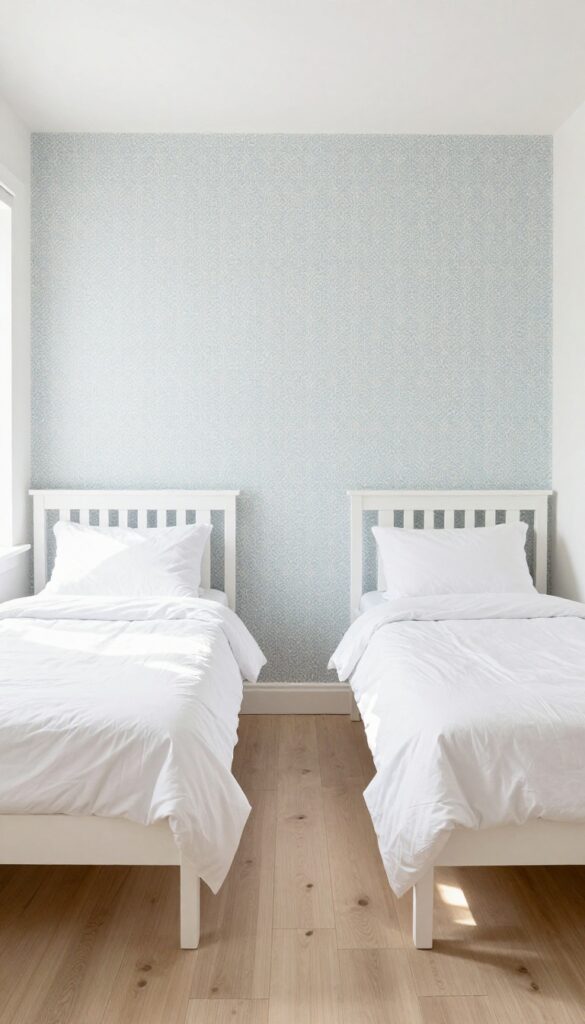 Twin boys bedroom with accent wall using removable geometric wallpaper