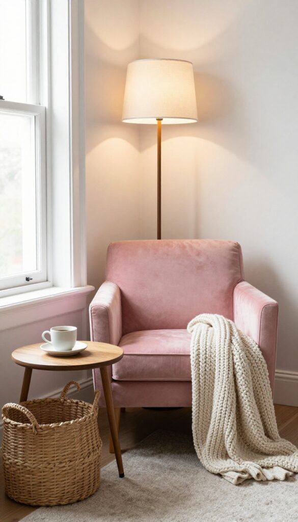 Cozy reading nook in a small bedroom corner with pink velvet armchair, side table, lamp, and woven basket.