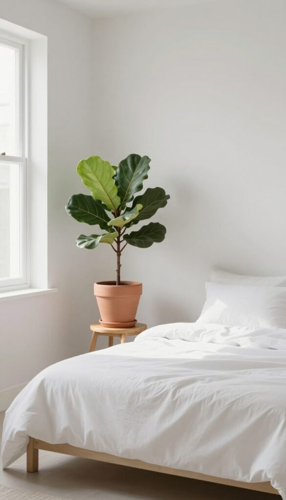 Minimalist bedroom with a single potted fiddle leaf fig plant on a wooden stool near a window, natural light, clean and airy.