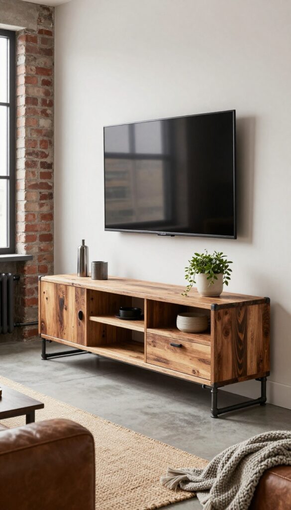 Industrial pipe and reclaimed wood TV stand in a living room with exposed brick, concrete floors, and leather sofa.