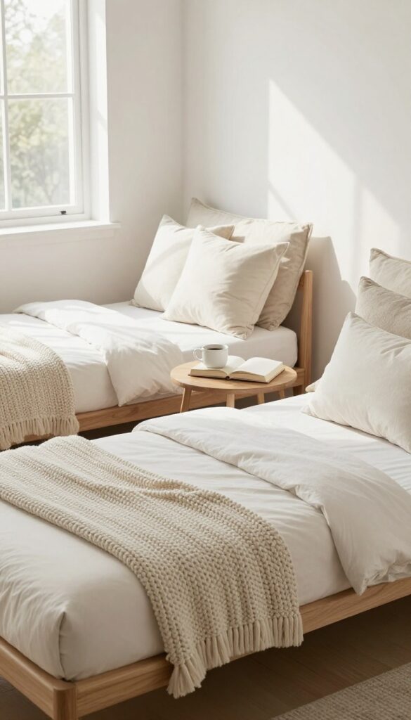 Two twin daybeds styled as sofas in a bright guest room with pillows and a throw, side table between them.
