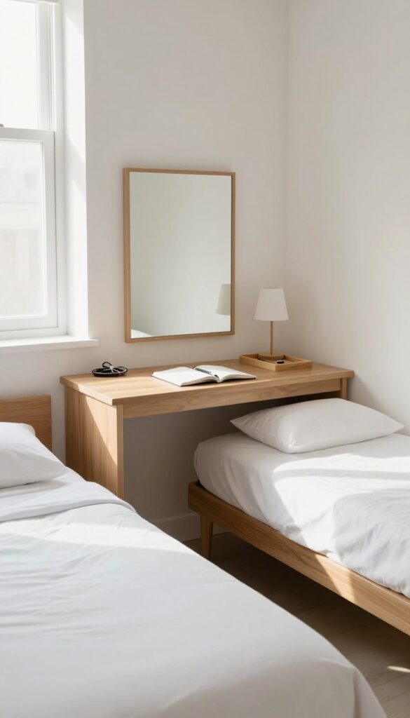 Two twin beds with a shared desk and mirror in between, creating a functional vanity or workspace in a bright guest room.