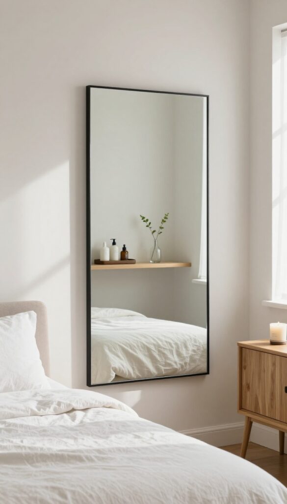 A mirror with hidden shelf space in a bright guest room, holding a tray with toiletries, a vase, and a candle.