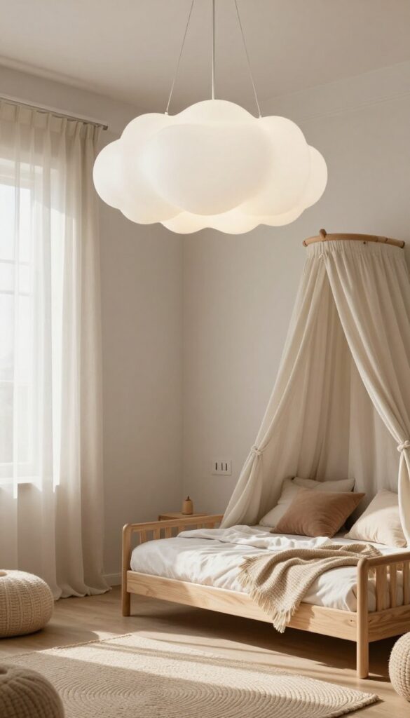 Luxury kids bedroom with statement cloud pendant light and dimmer switch, bright natural light, cozy and polished interior design.