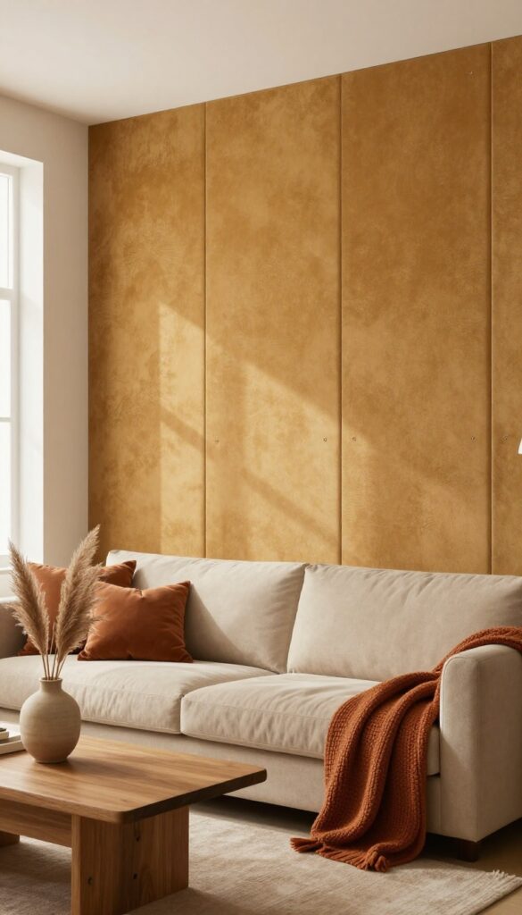Cozy living room with camel velvet fabric wall panels, low-profile sofa, and warm natural light.