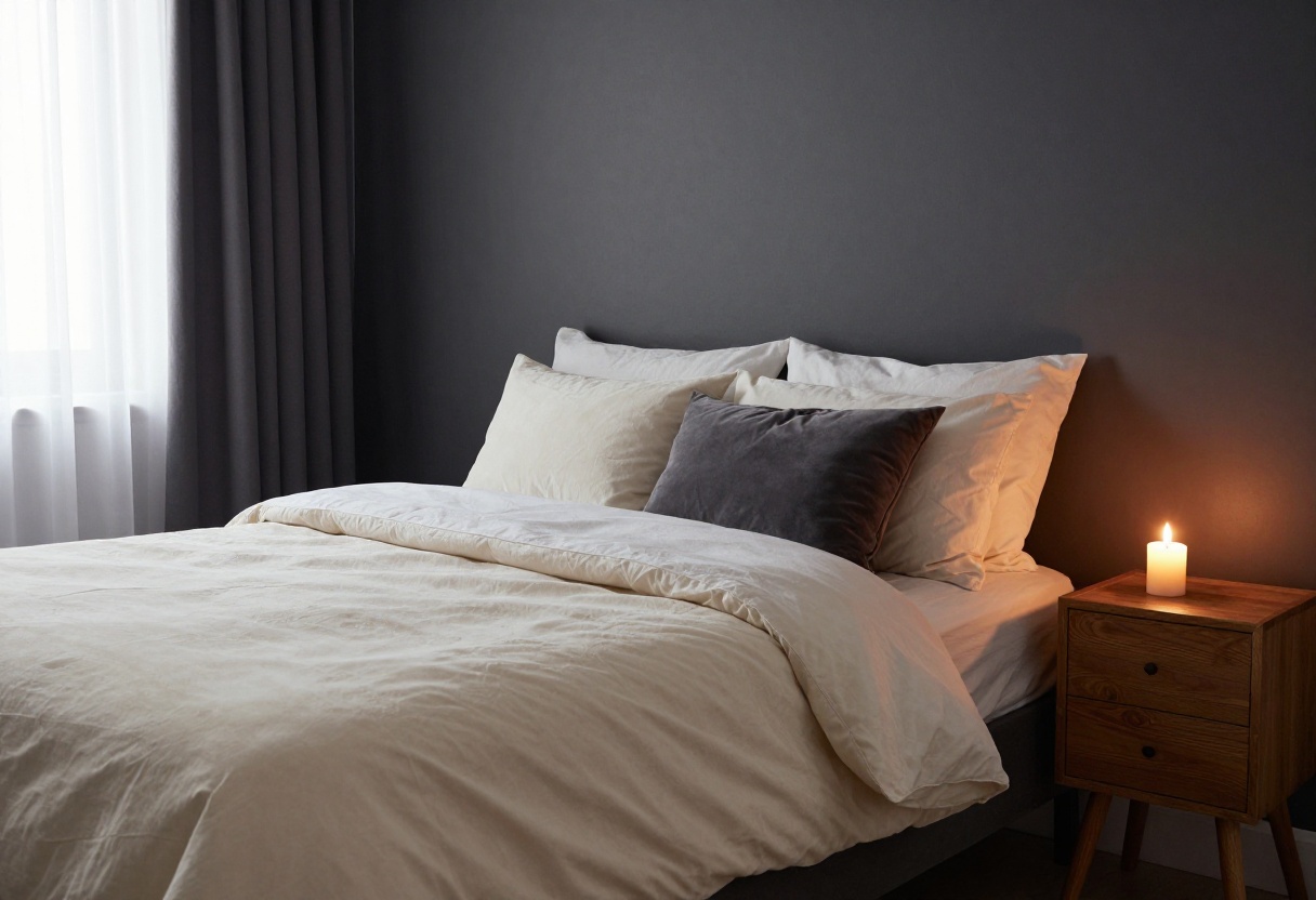 Dark and cozy romantic bedroom with charcoal walls, velvet pillows, and warm candlelight