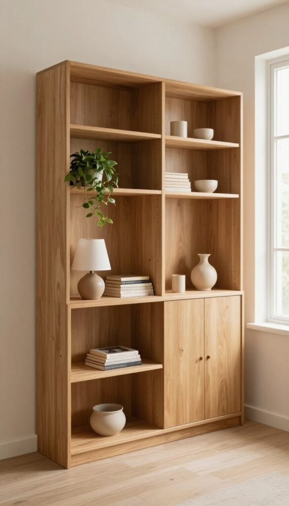 Living room cabinet with open and closed storage, displaying a lamp, books, and a plant, with natural light.