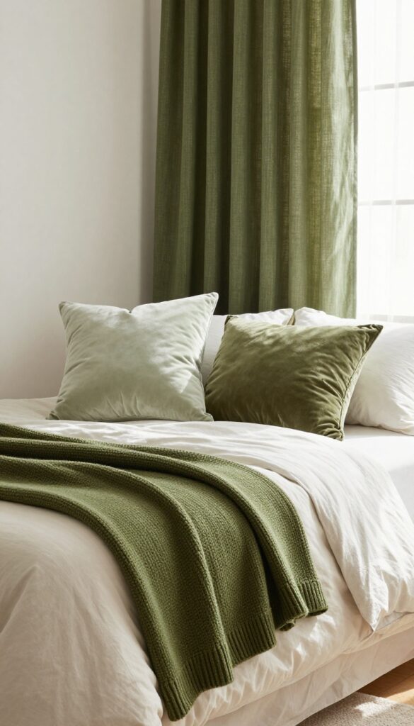 A cozy bedroom with layered thrifted green textiles on a bed, including a chunky knit throw, velvet and corduroy pillows, and a green curtain headboard accent.
