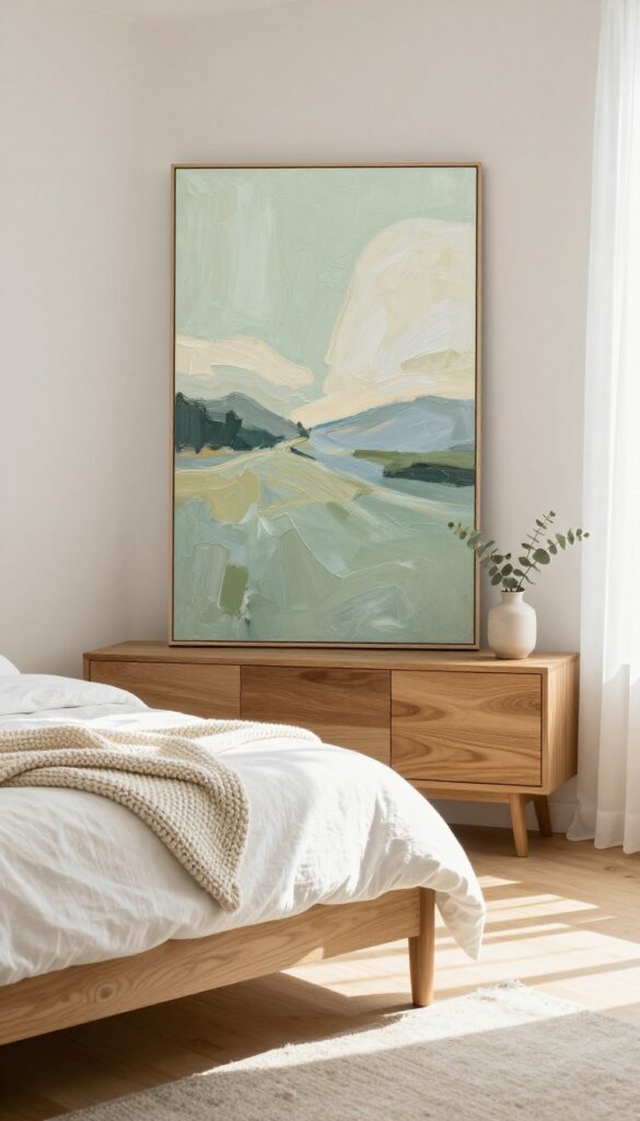 Bright bedroom with sage green abstract artwork above bed, neutral bedding, and warm wood tones.