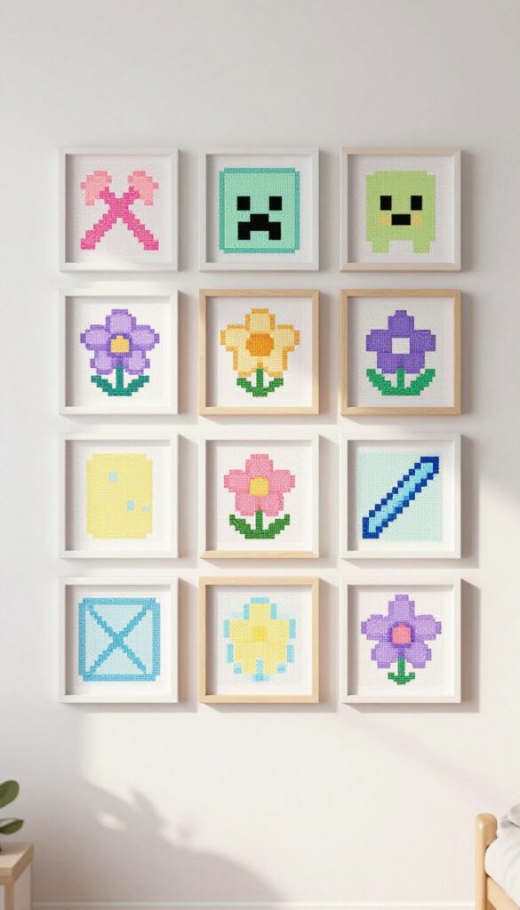 A grid of pastel Minecraft pixel art in white frames on a bright bedroom wall, with soft natural light.