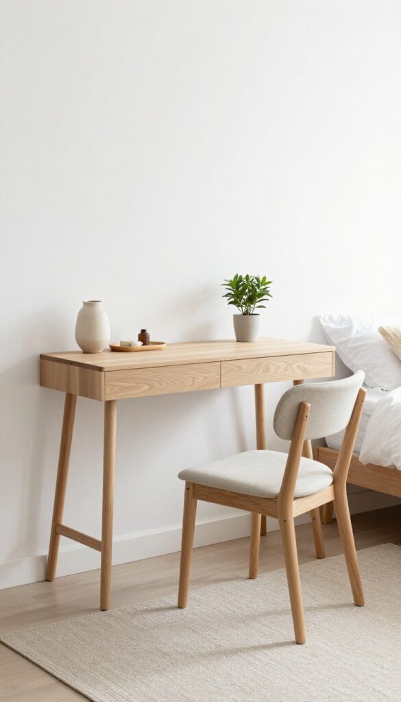 Low console table used as a desk in a small bedroom, with chair tucked underneath and minimal decor.