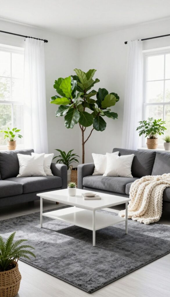 Small boho living room with charcoal gray rug and sofa, white walls and coffee table, and potted green plants in natural light.