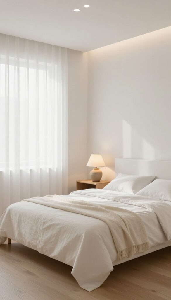 Minimalist bedroom with layered lighting: dimmable overhead light and warm table lamp on nightstand.