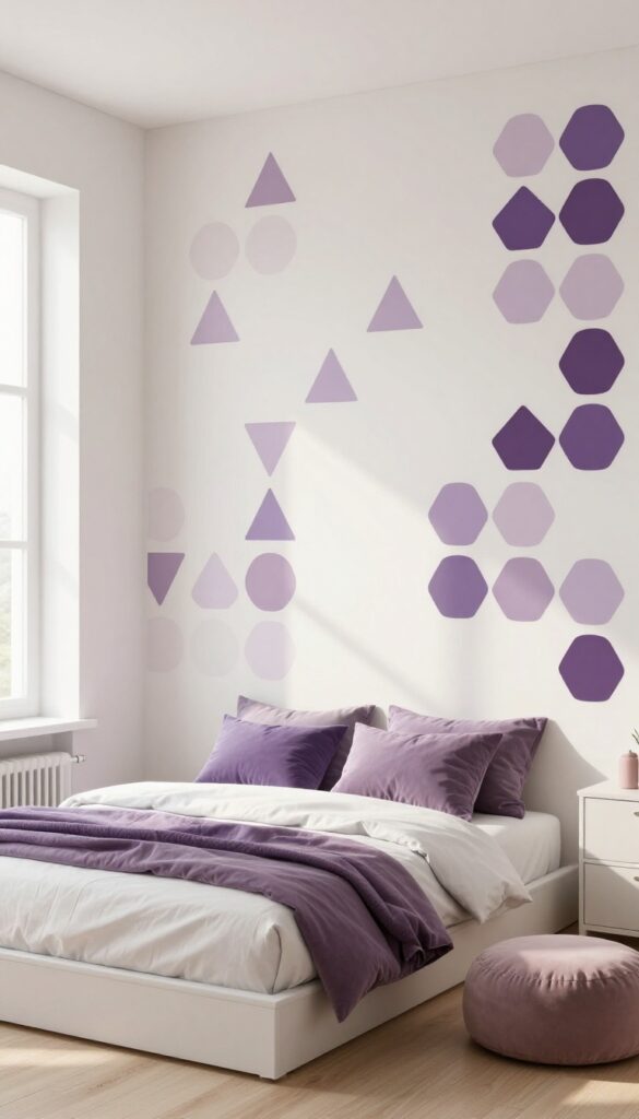 Purple geometric wall decals in a bright girls bedroom with lavender and mauve tones, layered bedding, and a pouf.