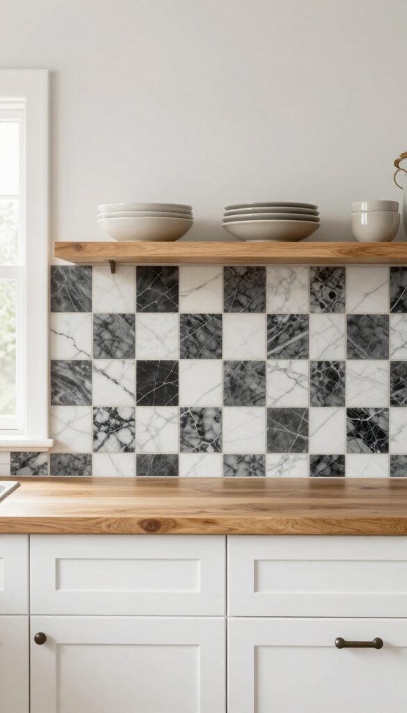Checkerboard marble-look backsplash in a bright farmhouse kitchen with white cabinets and wood countertops