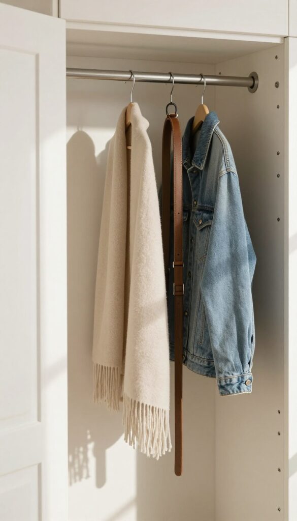 Inside of a closet door with a slim hanging rod holding scarves, belts, and a jacket, in a bright, airy small bedroom.