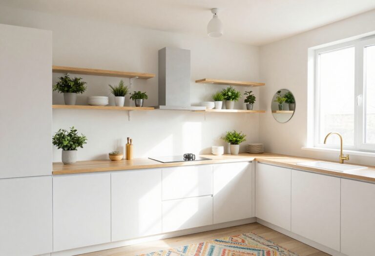 Modern single wall kitchen with open shelving, plants, and a mirror