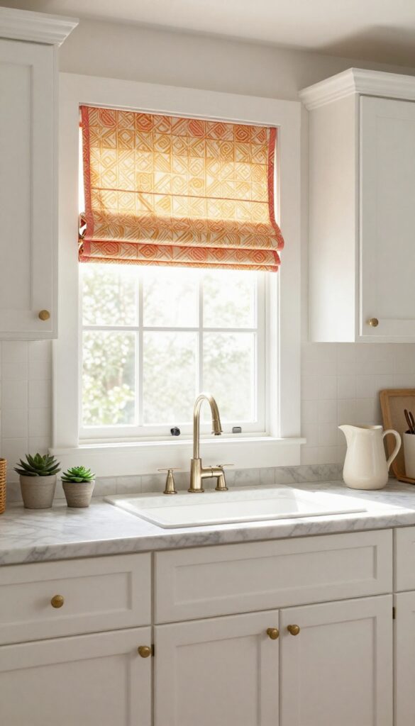 Roman shade with coral and mustard geometric pattern in a white kitchen, softening the space with fabric and pattern