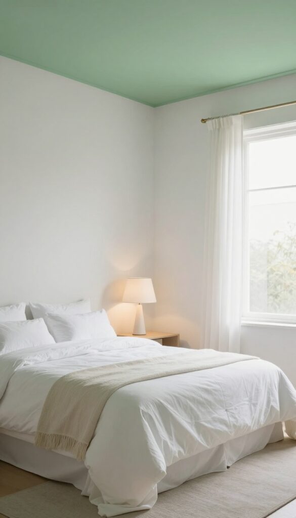 Bedroom with pale sage green ceiling and white walls, bright natural light, cozy and calm atmosphere.