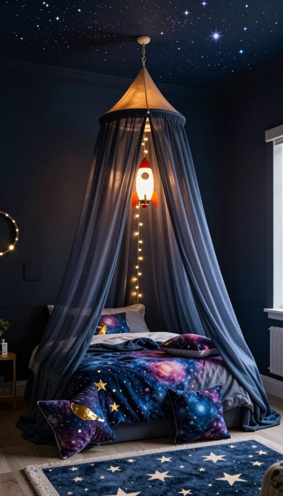 Cozy space-themed kids bedroom with dark walls, starry ceiling, canopy bed, galaxy pillows, and warm lighting.