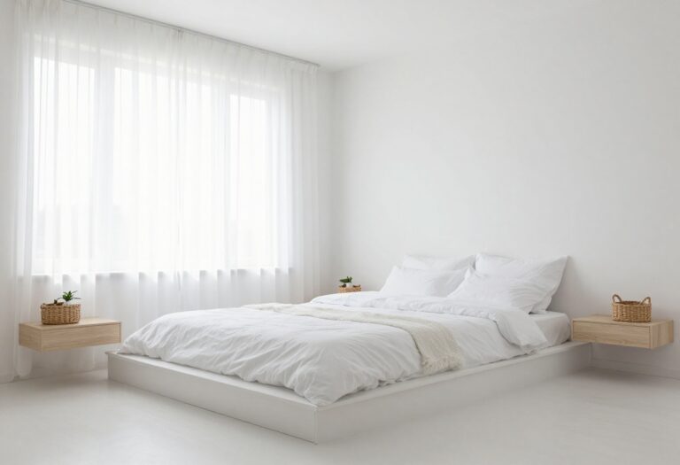 Clean white bedroom with platform bed, floating nightstands, and woven baskets, bathed in natural light.