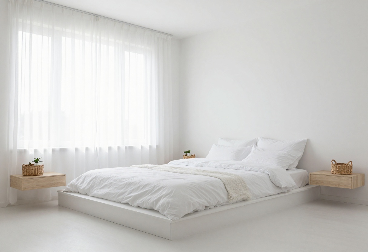 Clean white bedroom with platform bed, floating nightstands, and woven baskets, bathed in natural light.