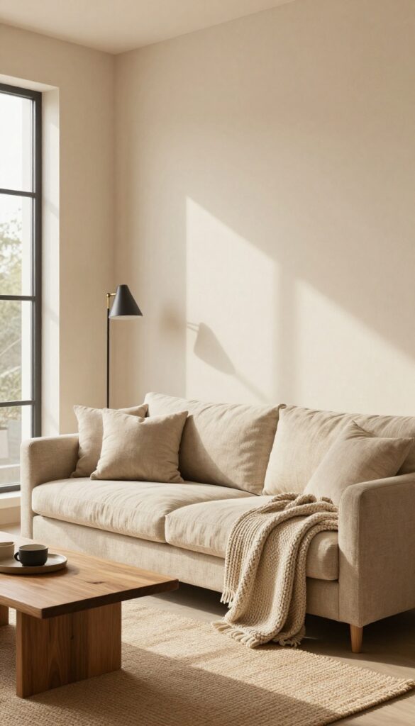 Warm neutral limewash textured wall in a bright living room with natural light, linen sofa, and cozy decor