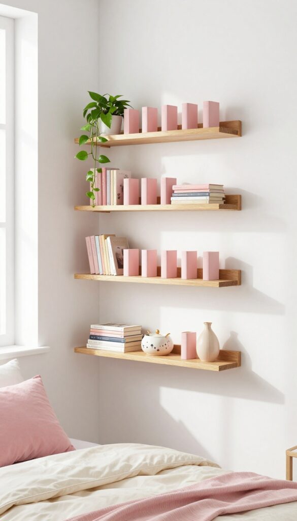 Floating shelves with curated decor in a girl's bedroom