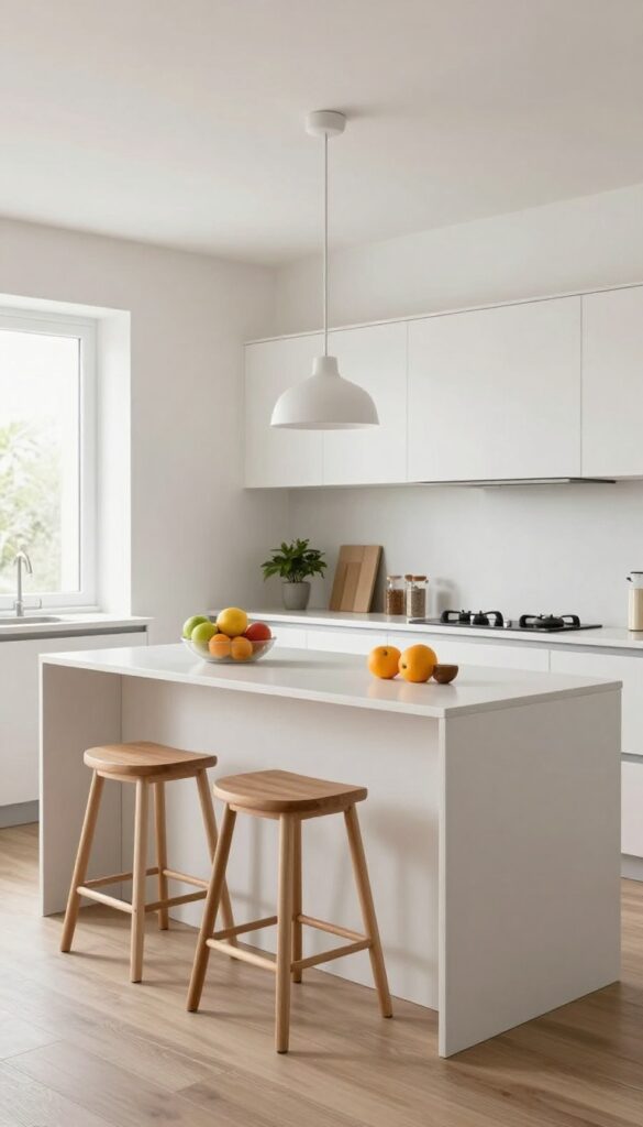 Modern single-wall kitchen with a slim breakfast bar, two stools tucked underneath, pendant light above, fruit bowl and plant on counter, bright natural light.